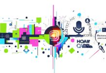 Composizione grafica astratta e moderna che simboleggia l'unione tra design visivo e messaggio testuale, con icone di comunicazione e grafici di crescita su sfondo chiaro per Effequadro