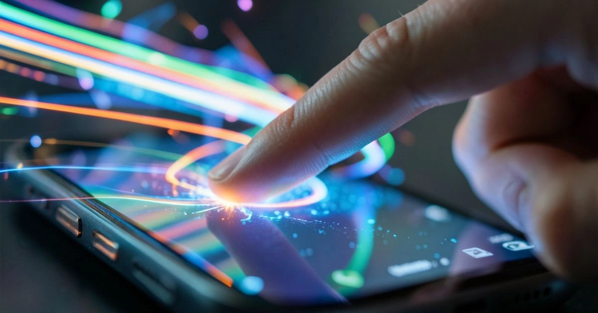 Dettaglio macro di un pollice che scorre veloce sullo schermo di uno smartphone con effetto scia di luce