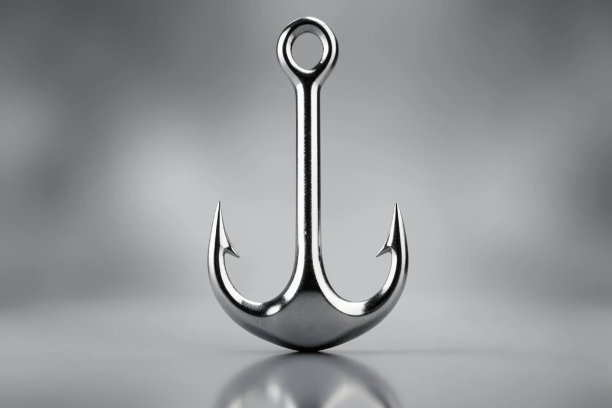 Un amo da pesca stilizzato in acciaio lucido su sfondo grigio neutro e minimale.
