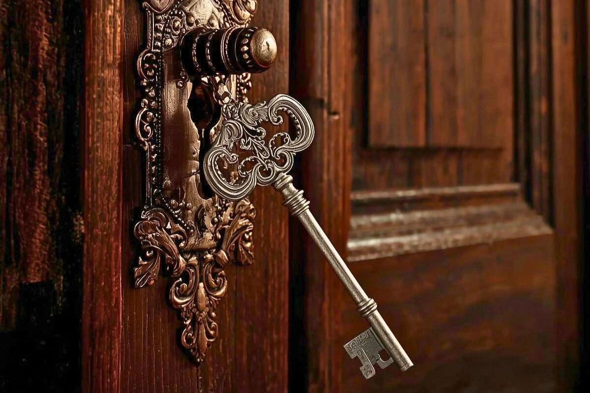 Una vecchia chiave di ferro appoggiata a una serratura antica su un portone di legno scuro