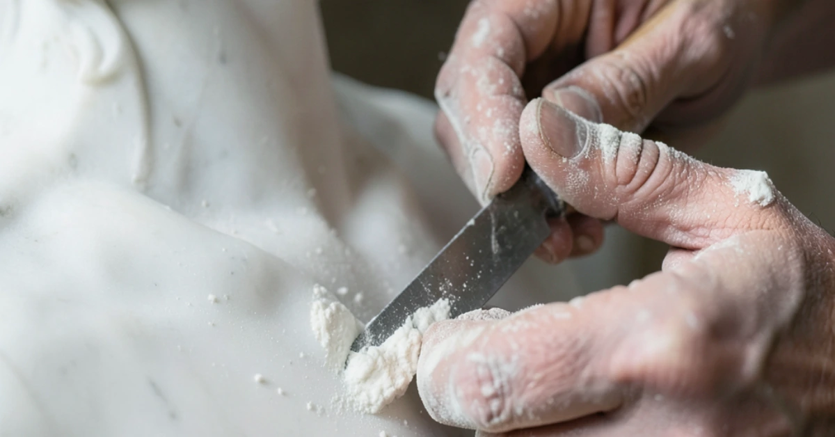 Inquadratura ravvicinata di mani esperte che usano uno scalpello per modellare una statua di marmo sotto una luce soffusa.