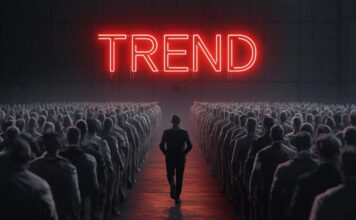 Persona che cammina in direzione opposta alla massa che insegue i trend social, concetto di strategia di brand per Officine Storte.