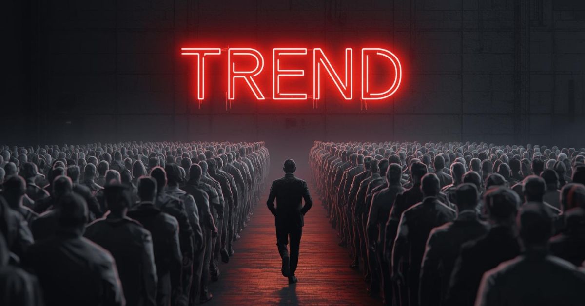 Persona che cammina in direzione opposta alla massa che insegue i trend social, concetto di strategia di brand per Officine Storte.