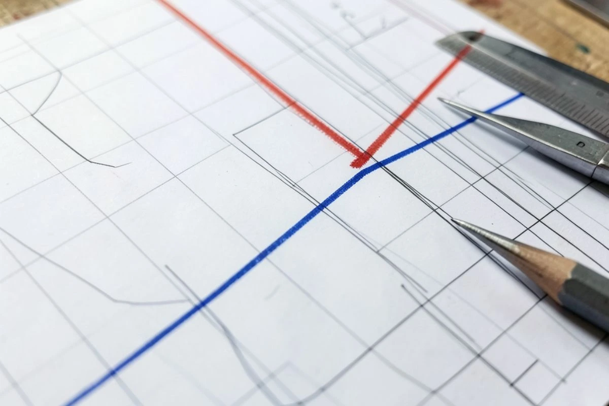 Dettaglio di un progetto tecnico su carta che mostra una deviazione di un percorso deliberata.