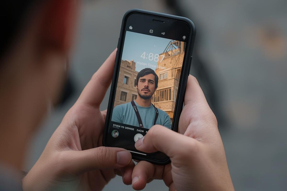 Persona che guarda un video verticale sullo smartphone con timer in sovrimpressione.