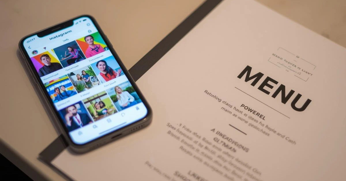 Smartphone con Instagram accanto a un menù cartaceo strategico
