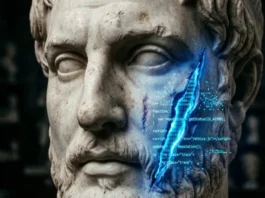 Statua antica con cicatrice digitale luminosa, simbolo dello sfregio alla reputazione