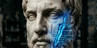 Statua antica con cicatrice digitale luminosa, simbolo dello sfregio alla reputazione