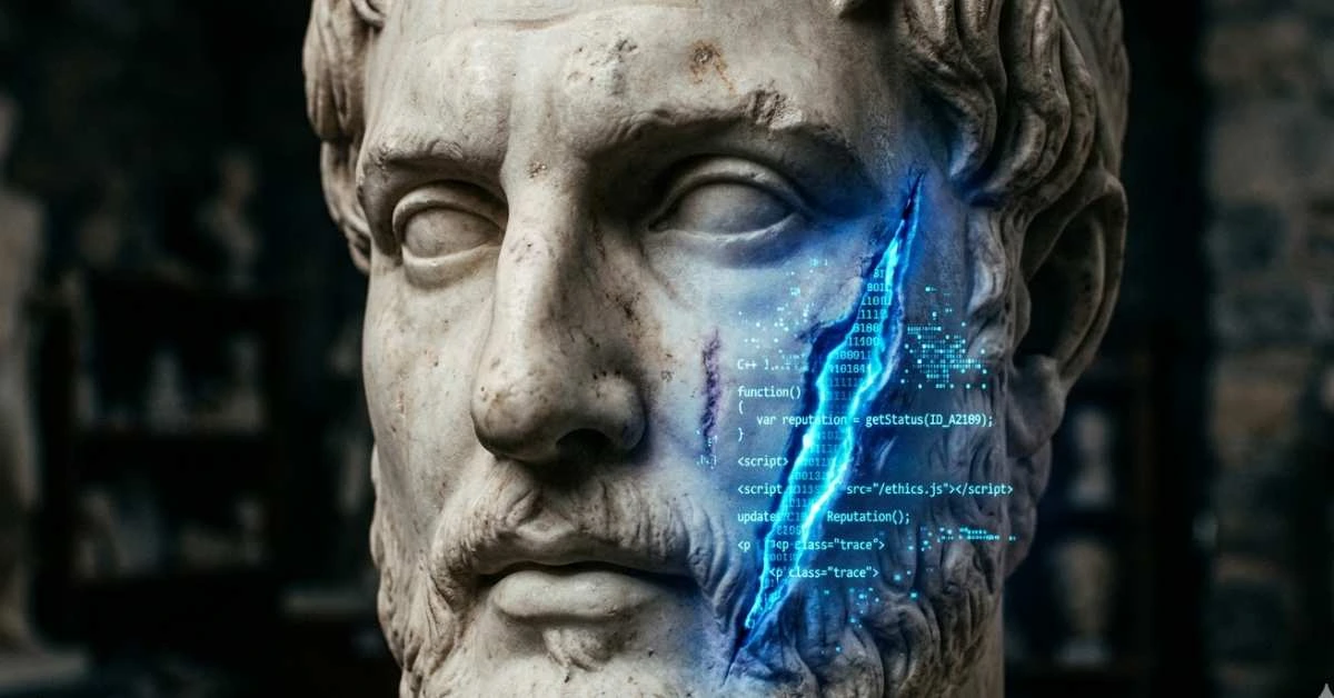 Statua antica con cicatrice digitale luminosa, simbolo dello sfregio alla reputazione