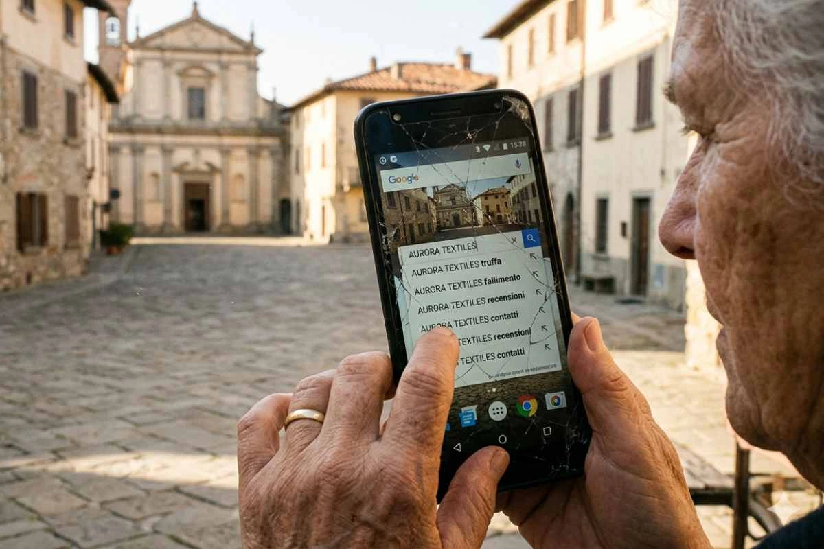 Schermo rotto di uno smartphone che mostra ricerche Google negative su una piazza antica