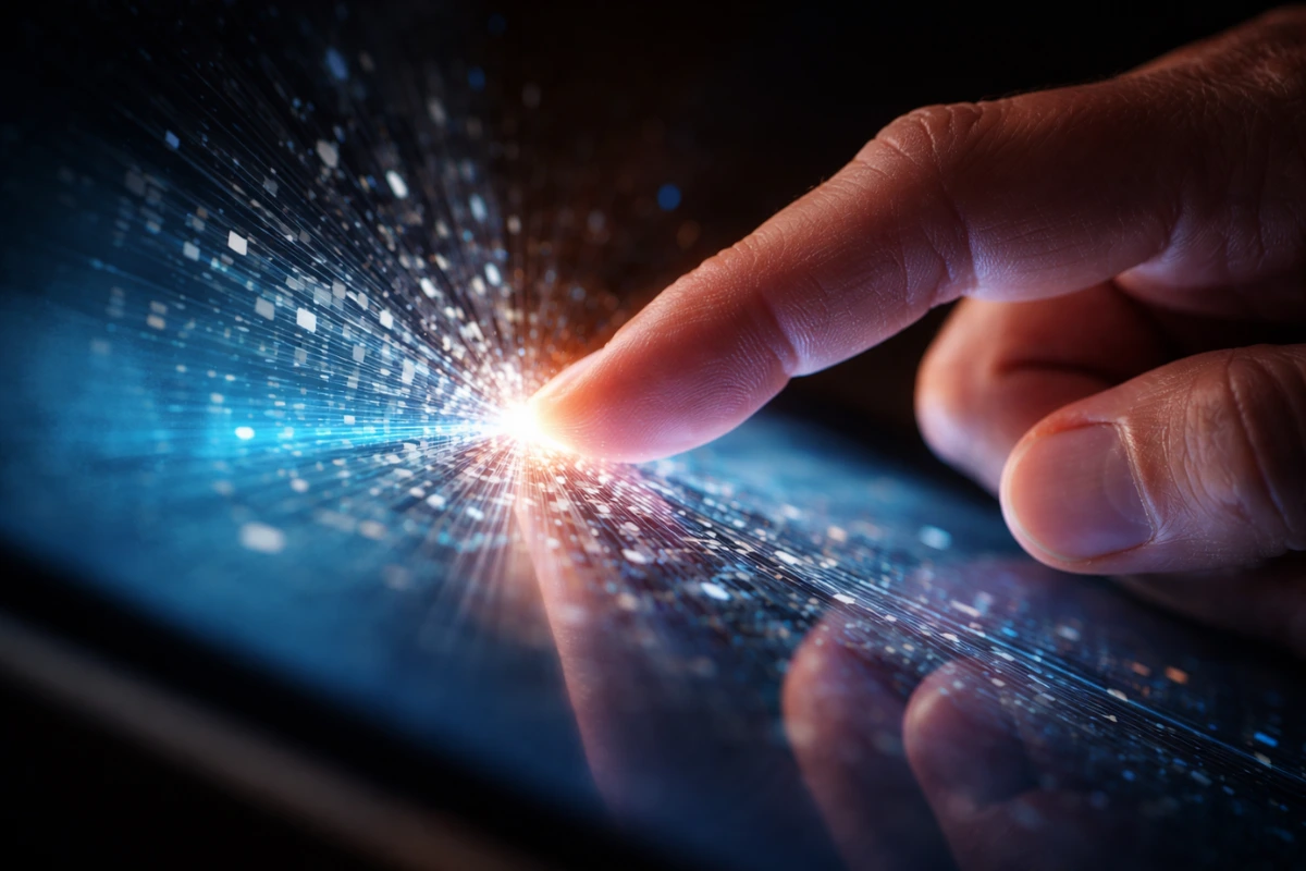Mano umana che tocca uno schermo digitale che si scompone in pixel.