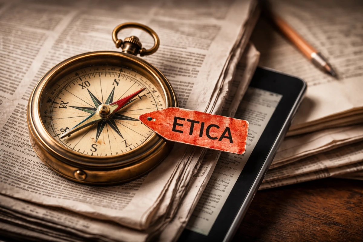 Scatto ravvicinato di una bussola d'ottone vintage su una pila di giornali aperti e un tablet moderno nascosto, con la lancetta puntata direttamente su un cartellino rosso con la scritta "Etica" stampata a mano.
