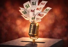 Un microfono da festival che emerge da un'urna elettorale con schede "Sì" e "No" che volano.