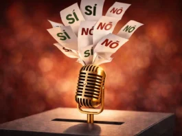 Un microfono da festival che emerge da un'urna elettorale con schede "Sì" e "No" che volano.