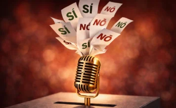 Un microfono da festival che emerge da un'urna elettorale con schede "Sì" e "No" che volano.