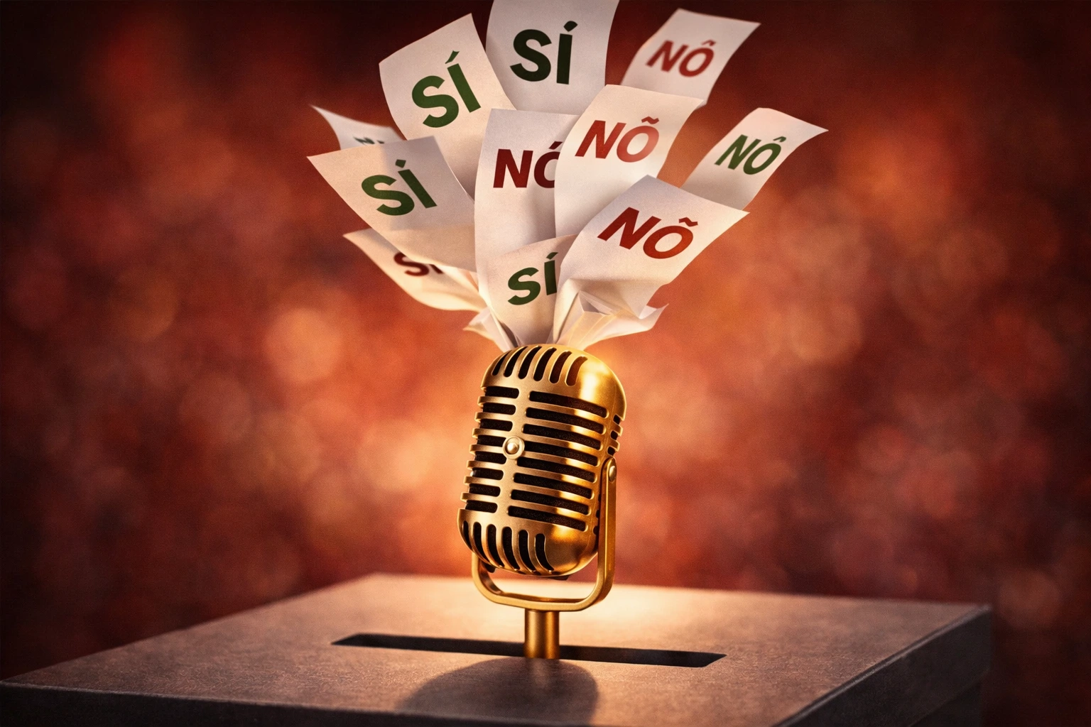 Un microfono da festival che emerge da un'urna elettorale con schede "Sì" e "No" che volano. 