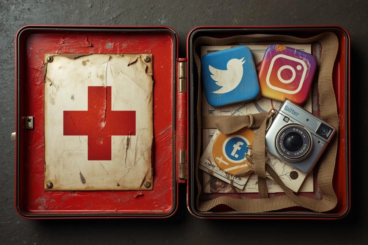 Valigetta del pronto soccorso con icone social all'interno.