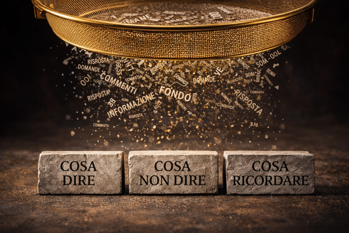 Setaccio che filtra le parole per estrarre il messaggio strategico