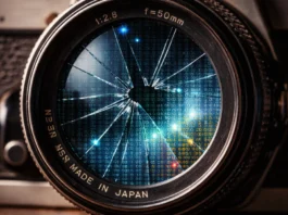Obiettivo di una macchina fotografica vintage rotto, che inquadra pixel digitali, simbolo della fine della verità visiva.