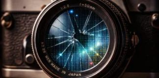 Obiettivo di una macchina fotografica vintage rotto, che inquadra pixel digitali, simbolo della fine della verità visiva.
