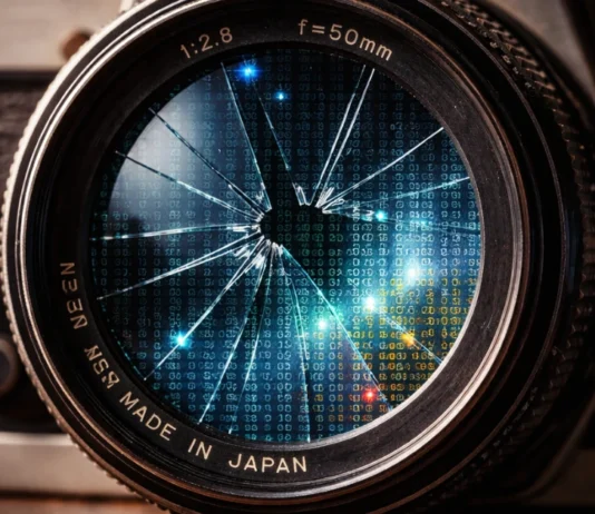 Obiettivo di una macchina fotografica vintage rotto, che inquadra pixel digitali, simbolo della fine della verità visiva.