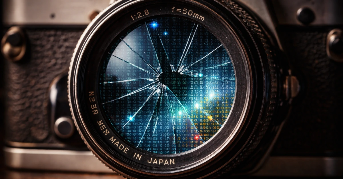 Obiettivo di una macchina fotografica vintage rotto, che inquadra pixel digitali, simbolo della fine della verità visiva.