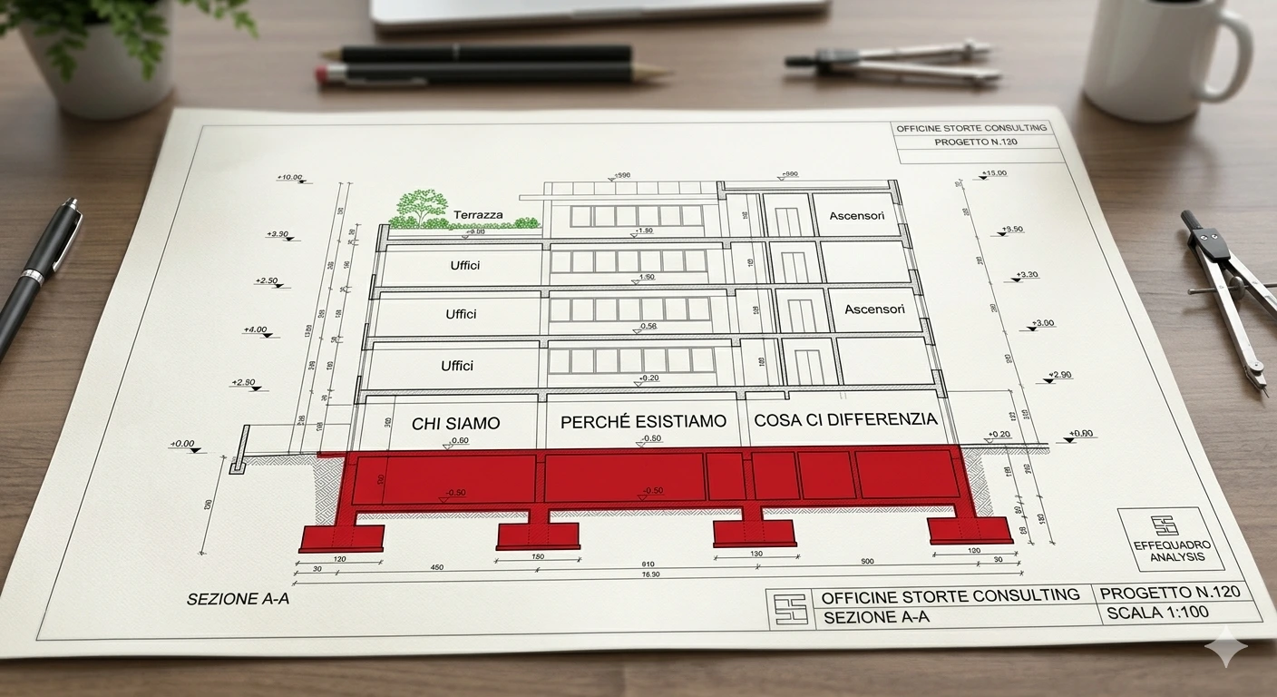Progetto architettonico che evidenzia le fondamenta del brand.
