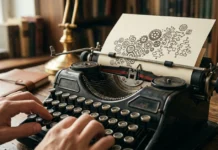 Il mito dello “scrivere bene”: quando le belle parole uccidono la comunicazione Macchina da scrivere che produce ingranaggi invece di lettere