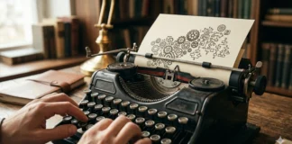 Macchina da scrivere che produce ingranaggi invece di lettere