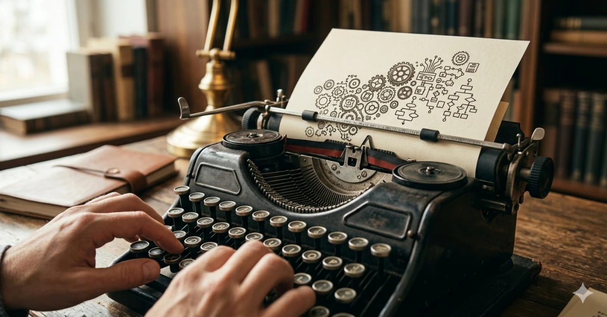 Macchina da scrivere che produce ingranaggi invece di lettere