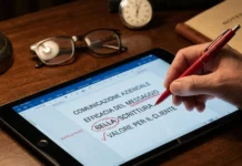 Penna rossa che corregge un testo su un tablet, simbolo della revisione giornalistica