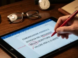 Penna rossa che corregge un testo su un tablet, simbolo della revisione giornalistica