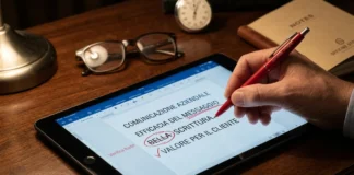 Penna rossa che corregge un testo su un tablet, simbolo della revisione giornalistica