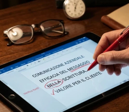 Penna rossa che corregge un testo su un tablet, simbolo della revisione giornalistica