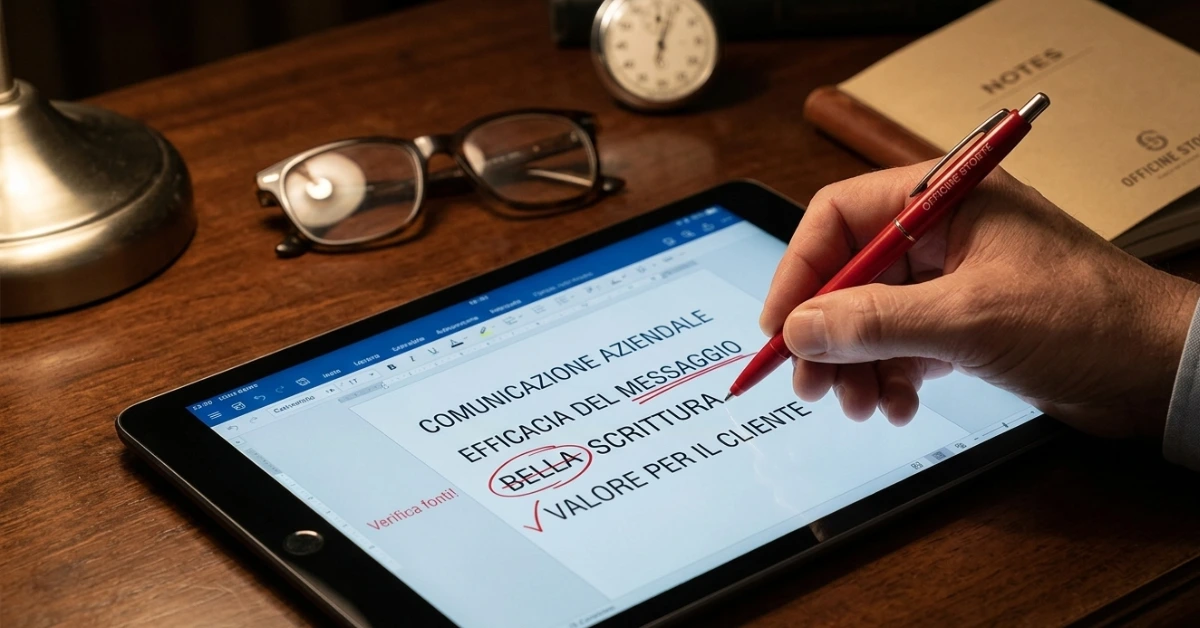 Penna rossa che corregge un testo su un tablet, simbolo della revisione giornalistica