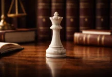 Un pezzo di scacchi solitario su una scrivania legale, simbolo di strategia di posizionamento