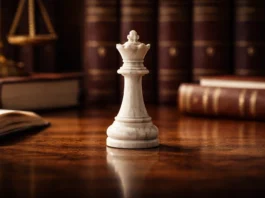 Un pezzo di scacchi solitario su una scrivania legale, simbolo di strategia di posizionamento