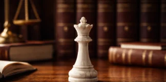 Un pezzo di scacchi solitario su una scrivania legale, simbolo di strategia di posizionamento