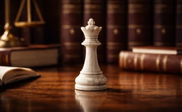 Un pezzo di scacchi solitario su una scrivania legale, simbolo di strategia di posizionamento