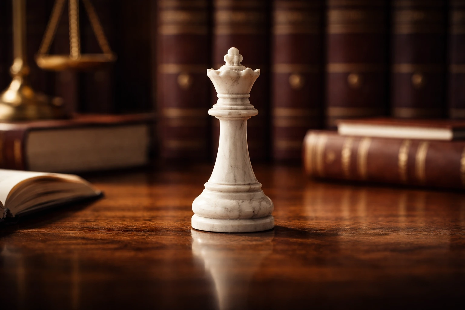 Un pezzo di scacchi solitario su una scrivania legale, simbolo di strategia di posizionamento