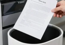 Mano che mantiene un comunicato stampa sopra un cestino, simbolo di selezione editoriale