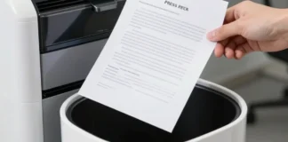 Mano che mantiene un comunicato stampa sopra un cestino, simbolo di selezione editoriale