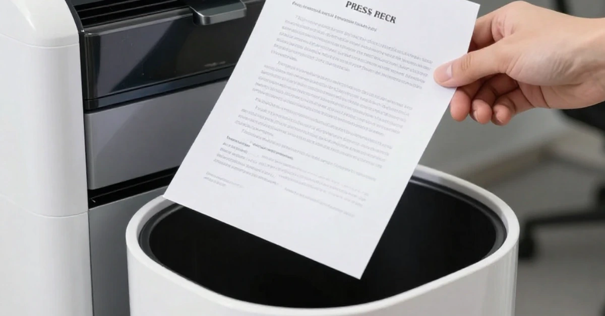 Mano che mantiene un comunicato stampa sopra un cestino, simbolo di selezione editoriale