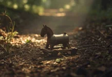 La “famiglia del bosco”: quando la narrazione emotiva nasconde la complessità Giocattolo di legno abbandonato in un bosco rigoglioso, simbolo del caso giudiziario di Palmoli