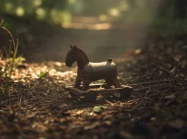 Giocattolo di legno abbandonato in un bosco rigoglioso, simbolo del caso giudiziario di Palmoli