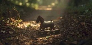 Giocattolo di legno abbandonato in un bosco rigoglioso, simbolo del caso giudiziario di Palmoli