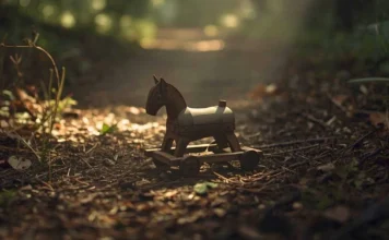 Giocattolo di legno abbandonato in un bosco rigoglioso, simbolo del caso giudiziario di Palmoli
