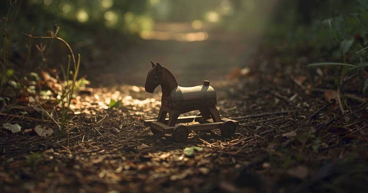 Giocattolo di legno abbandonato in un bosco rigoglioso, simbolo del caso giudiziario di Palmoli