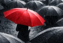 Analisi dei competitor: se tutti vanno a destra, la strategia giusta è andare a sinistra Un ombrello rosso che si muove in direzione opposta a una folla di ombrelli grigi