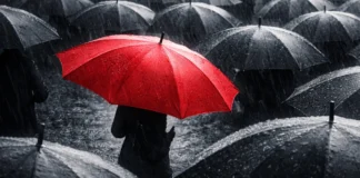 Un ombrello rosso che si muove in direzione opposta a una folla di ombrelli grigi